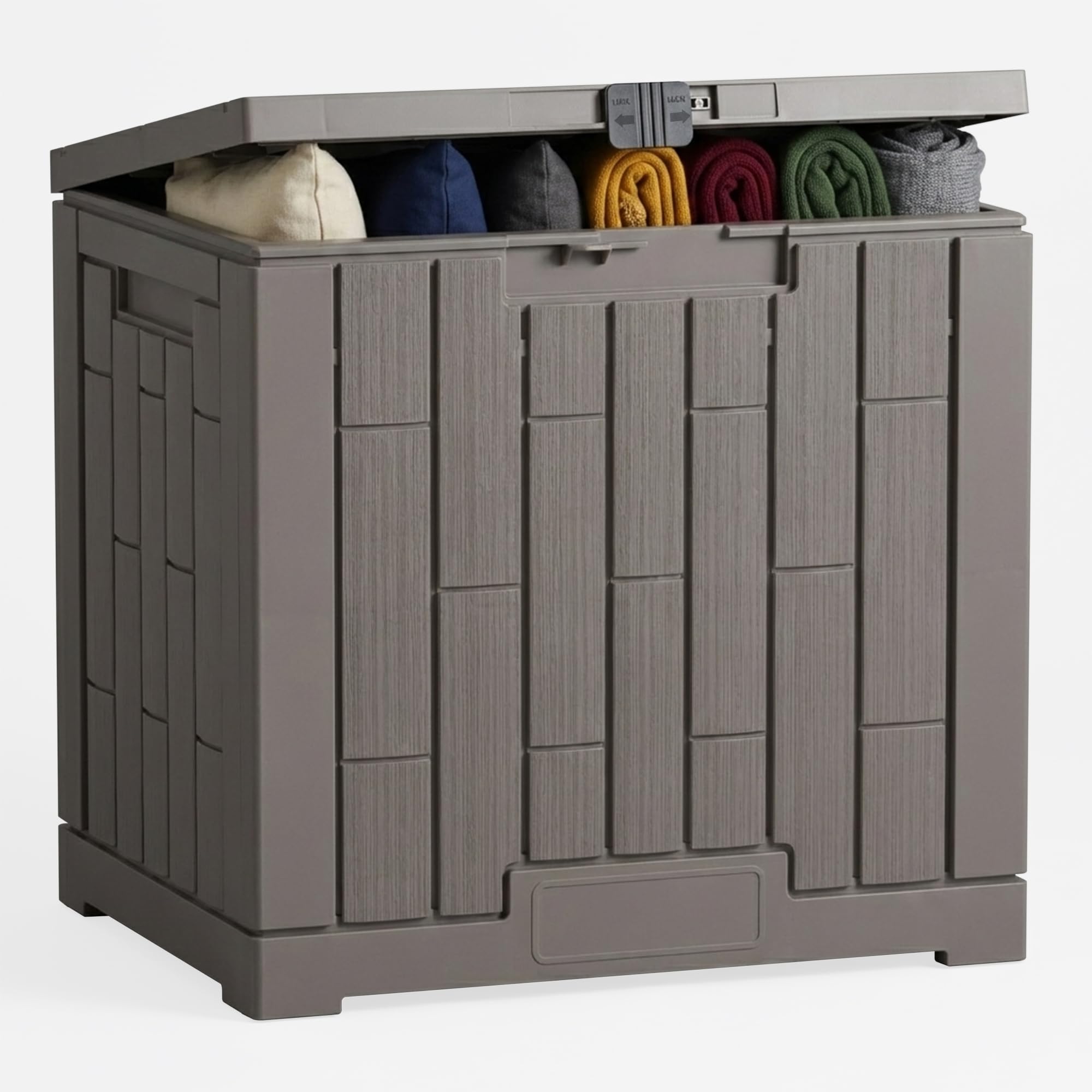 Diamondforge outdoor storage box showing 30-gallon capacity for tools and toys.