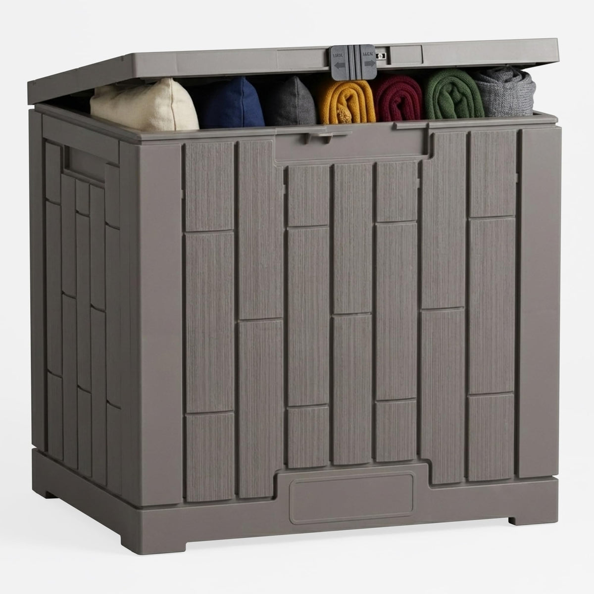 Diamondforge outdoor storage box showing 30-gallon capacity for tools and toys.