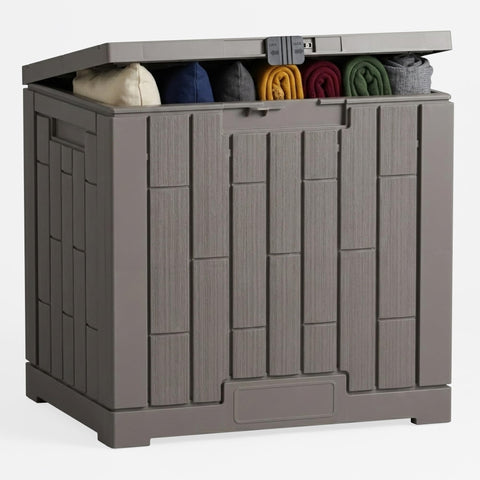 Diamondforge outdoor storage box showing 30-gallon capacity for tools and toys.