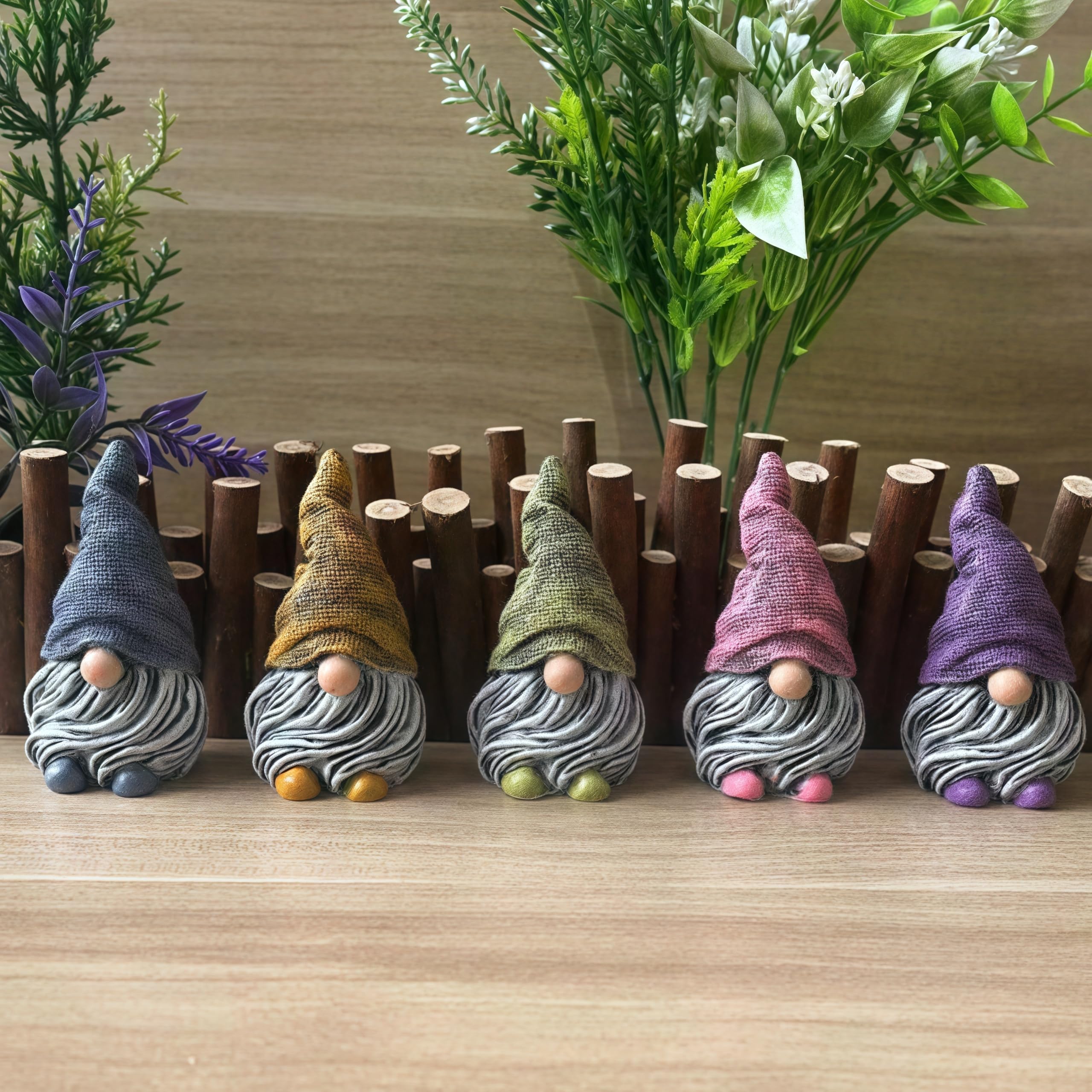 Dianreno mini gnomes figurines 5pcs pack for garden decor and pot accents.