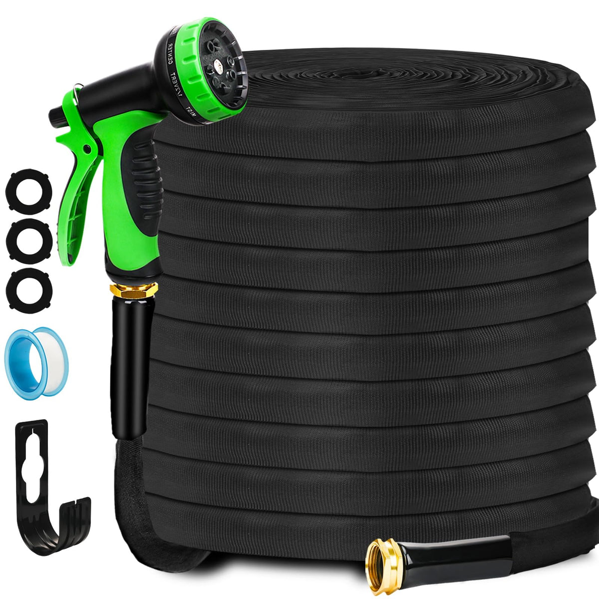 DiCandle non-expanding garden hose 100ft coiled for tidy storage and easy transport.