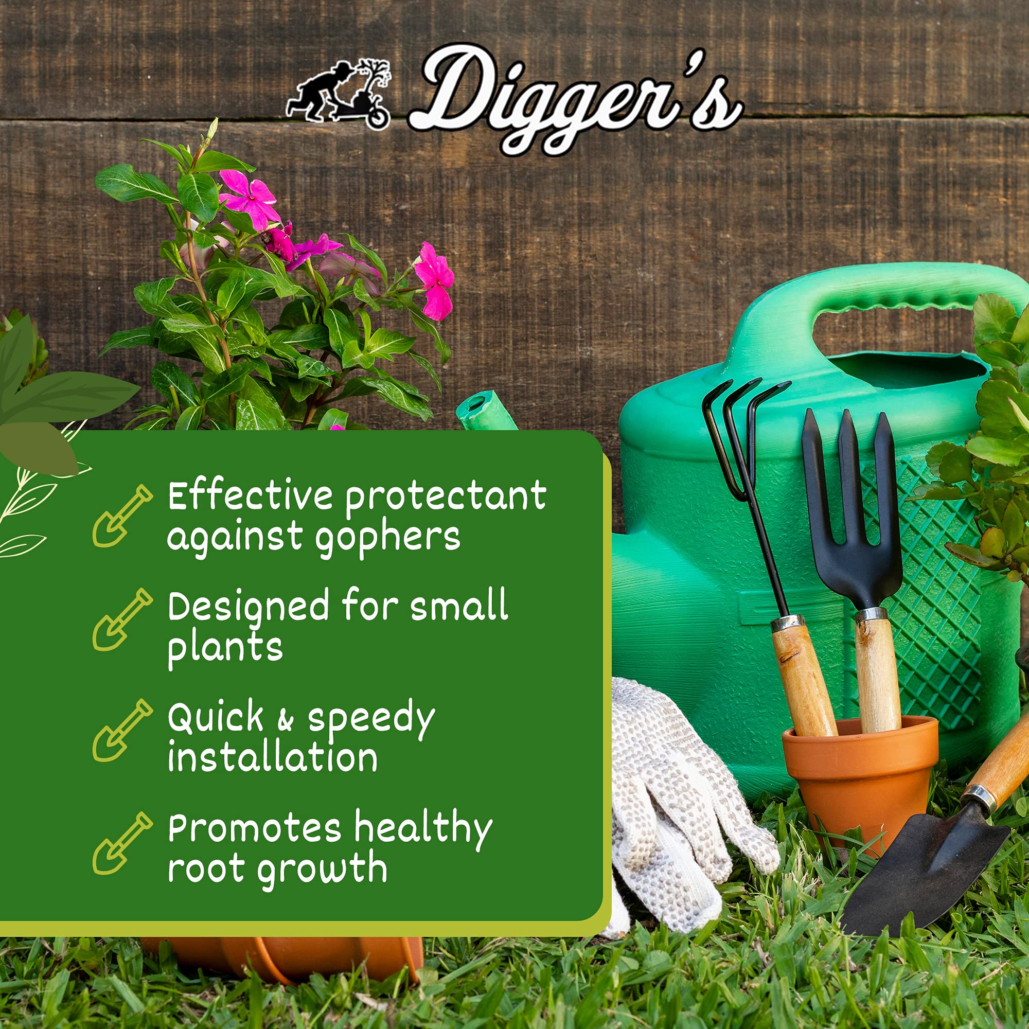 Digger's wire basket supports perennials and vegetables, reducing root exposure.