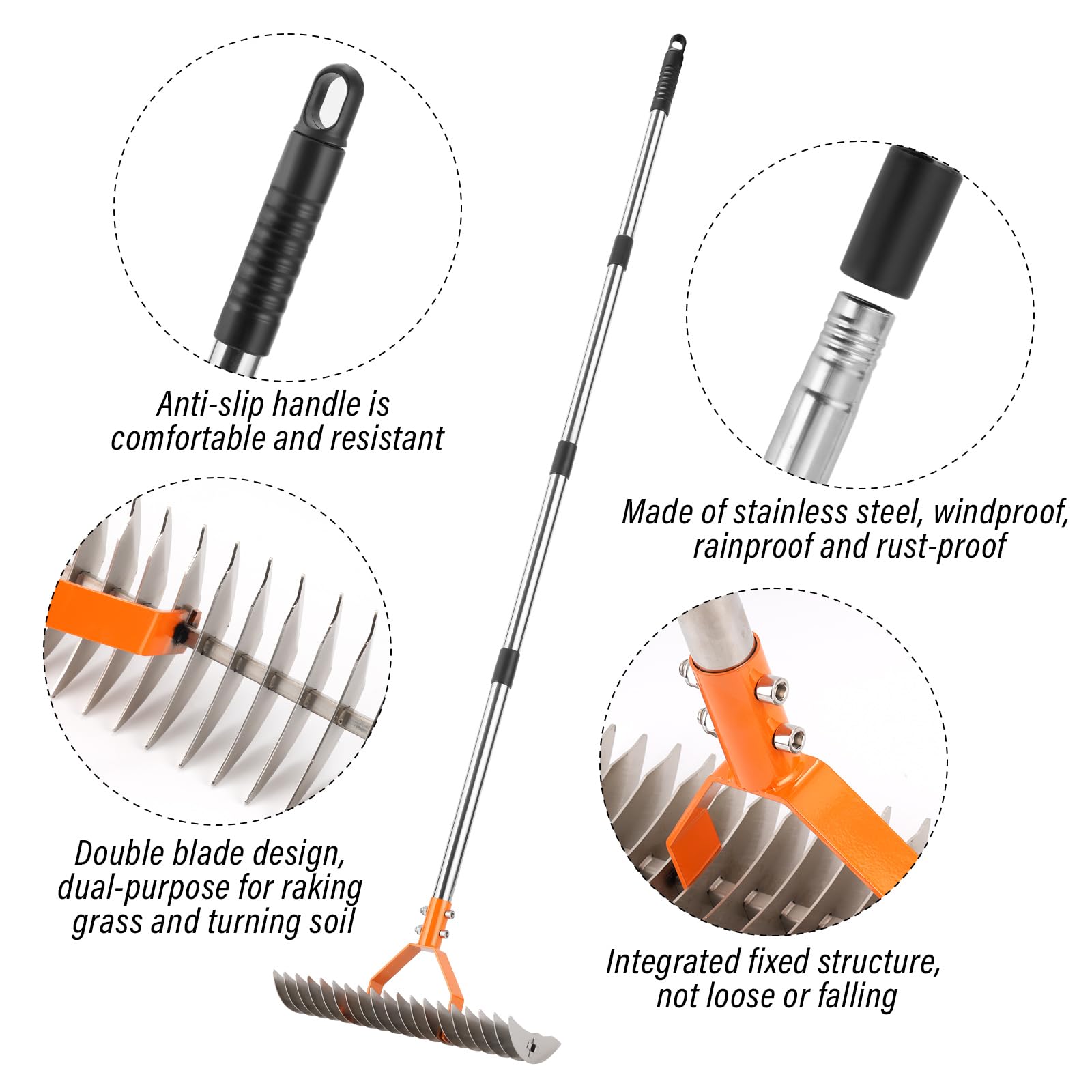 Telescopic handle extended DigiGlow rake enabling versatile yard cleanup and reach