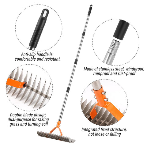 Telescopic handle extended DigiGlow rake enabling versatile yard cleanup and reach