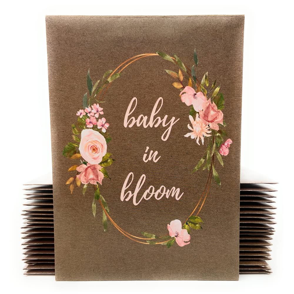 Digital Voyager Baby in Bloom seed packet packaging with pink flowers, ideal for elegant baby shower favors.