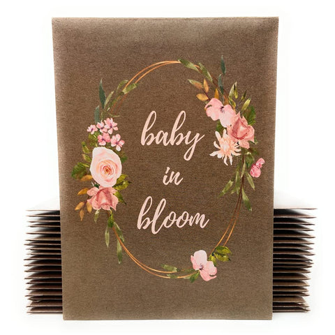 Digital Voyager Baby in Bloom seed packet packaging with pink flowers, ideal for elegant baby shower favors.