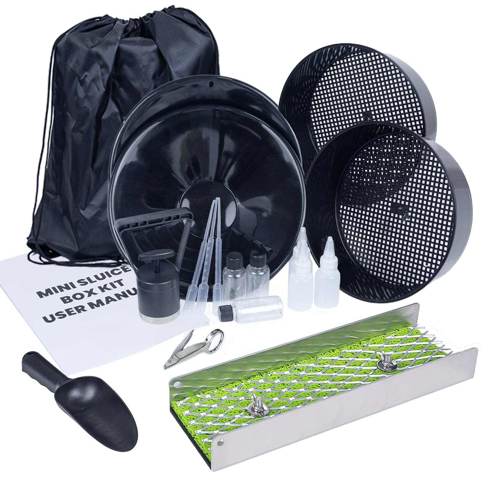 DigNew 18-piece gold prospecting kit with mini sluice box for river recovery.