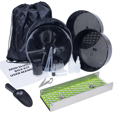 DigNew 18-piece gold prospecting kit with mini sluice box for river recovery.