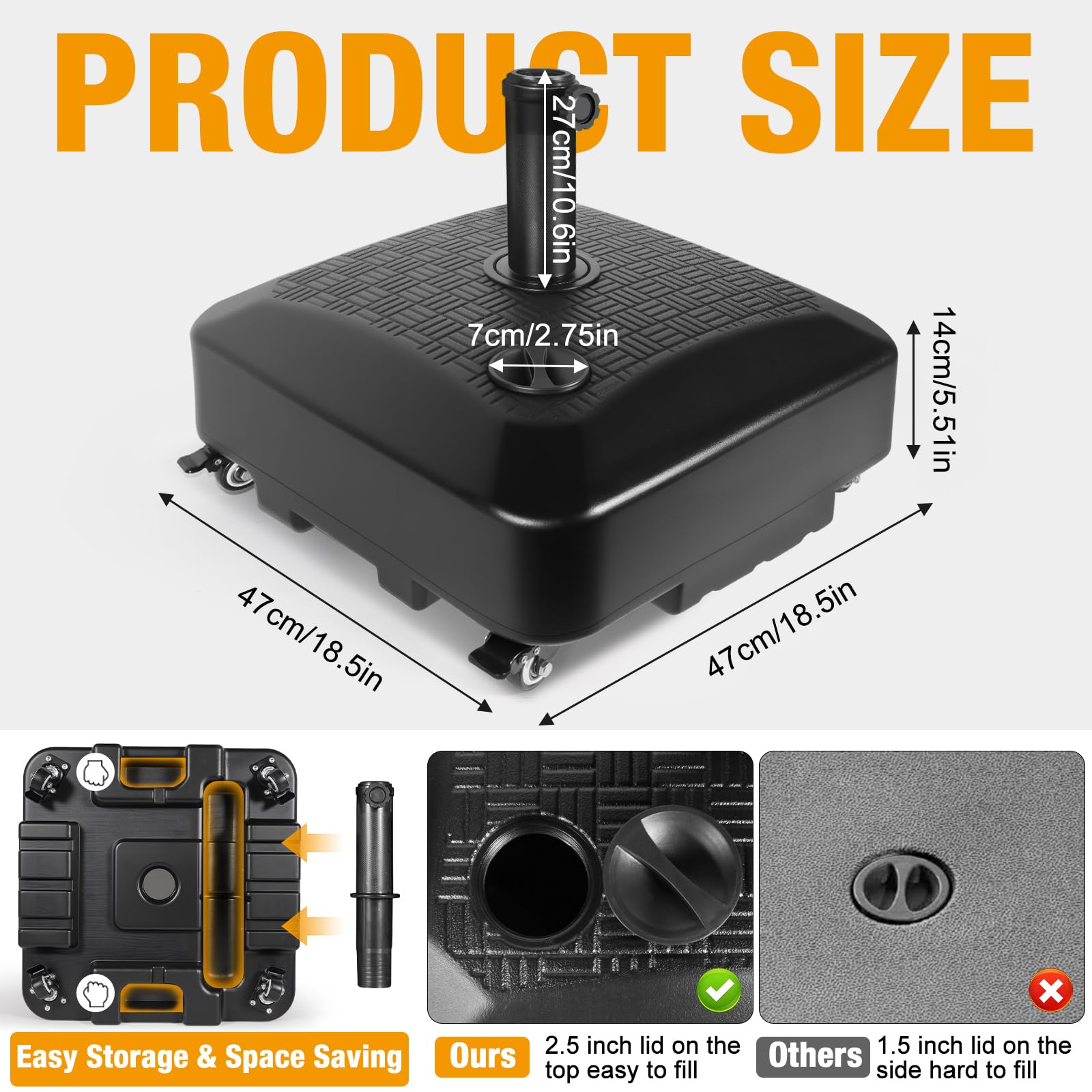 Digury umbrella base fill hole allows quick water or sand filling.