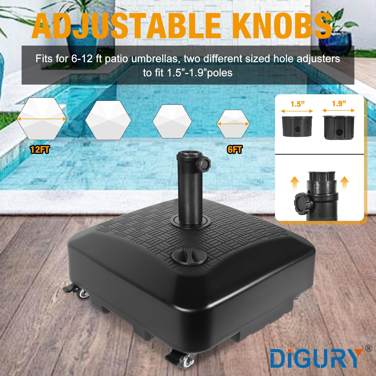 Digury umbrella base built-in storage for pole when not in use.