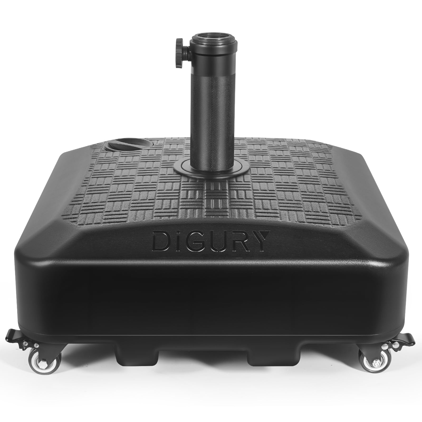 Digury umbrella base with wheels enables easy mobility for shaded outdoor spaces.