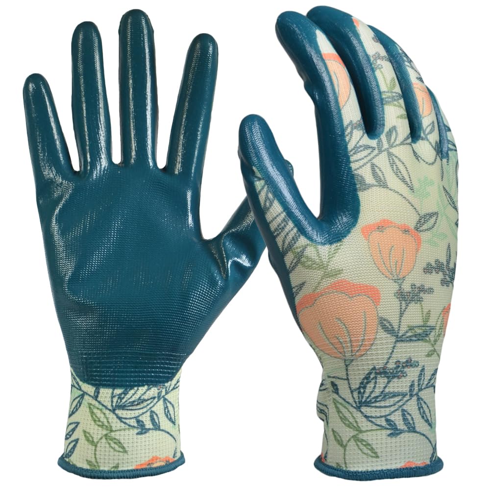 DIGZ stretch knit garden gloves with nitrile coating in coral floral pattern for gardening tasks