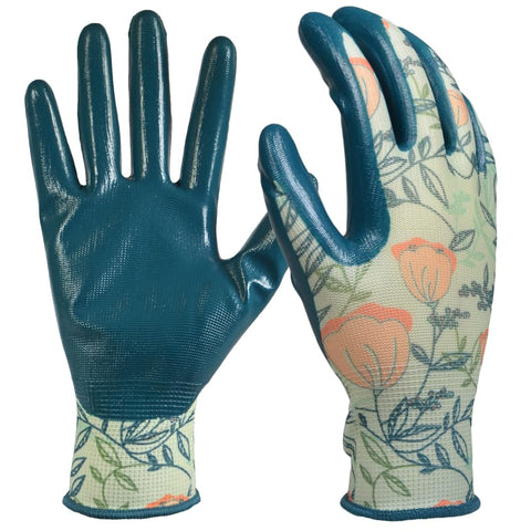 DIGZ stretch knit garden gloves with nitrile coating in coral floral pattern for gardening tasks