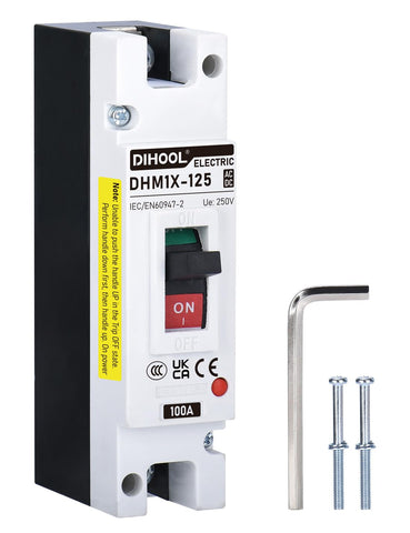 DIHOOL 100A DC disconnect switch front view highlighting rugged panel-mount construction for secure installations.