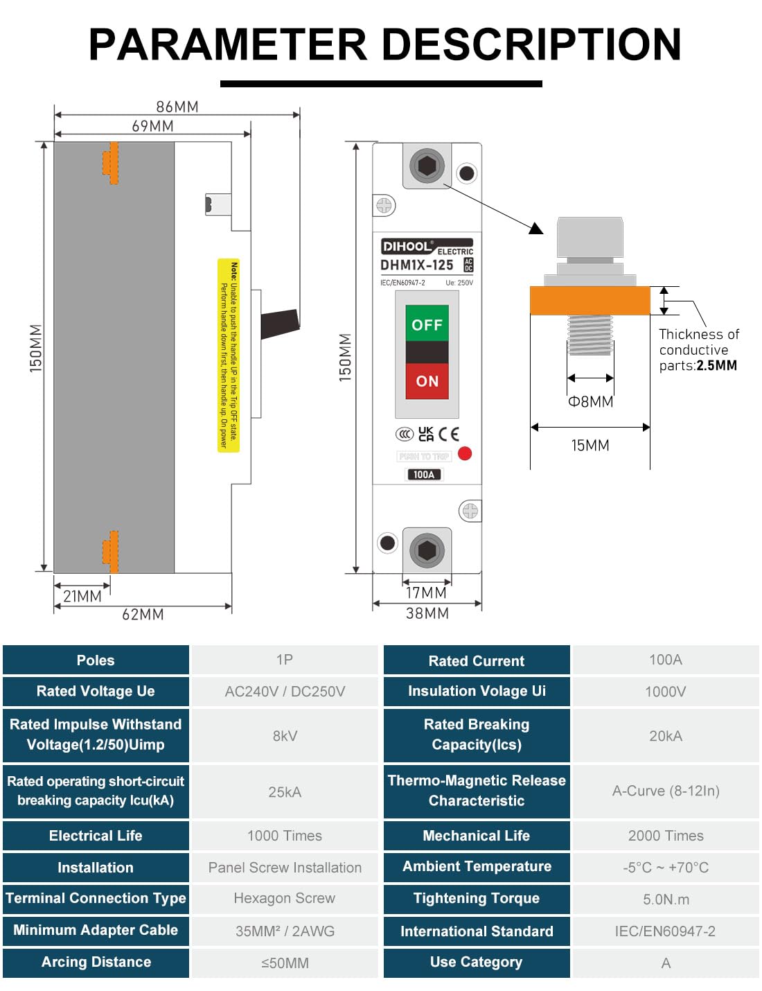 DIHOOL 100A DC disconnect switch panel-mount setup for easy access and isolation.