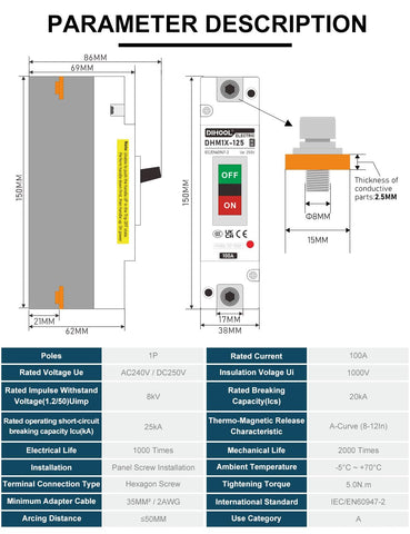 DIHOOL 100A DC disconnect switch panel-mount setup for easy access and isolation.