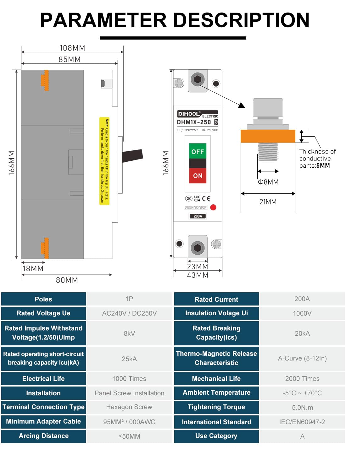 DIHOOL 200 Amp DC Breaker back connection highlighting secure wiring and mounting.
