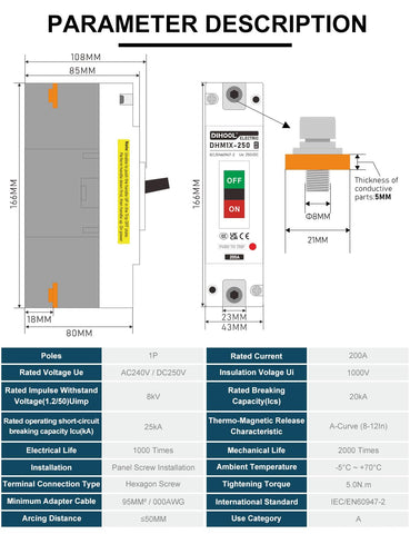 DIHOOL 200 Amp DC Breaker back connection highlighting secure wiring and mounting.