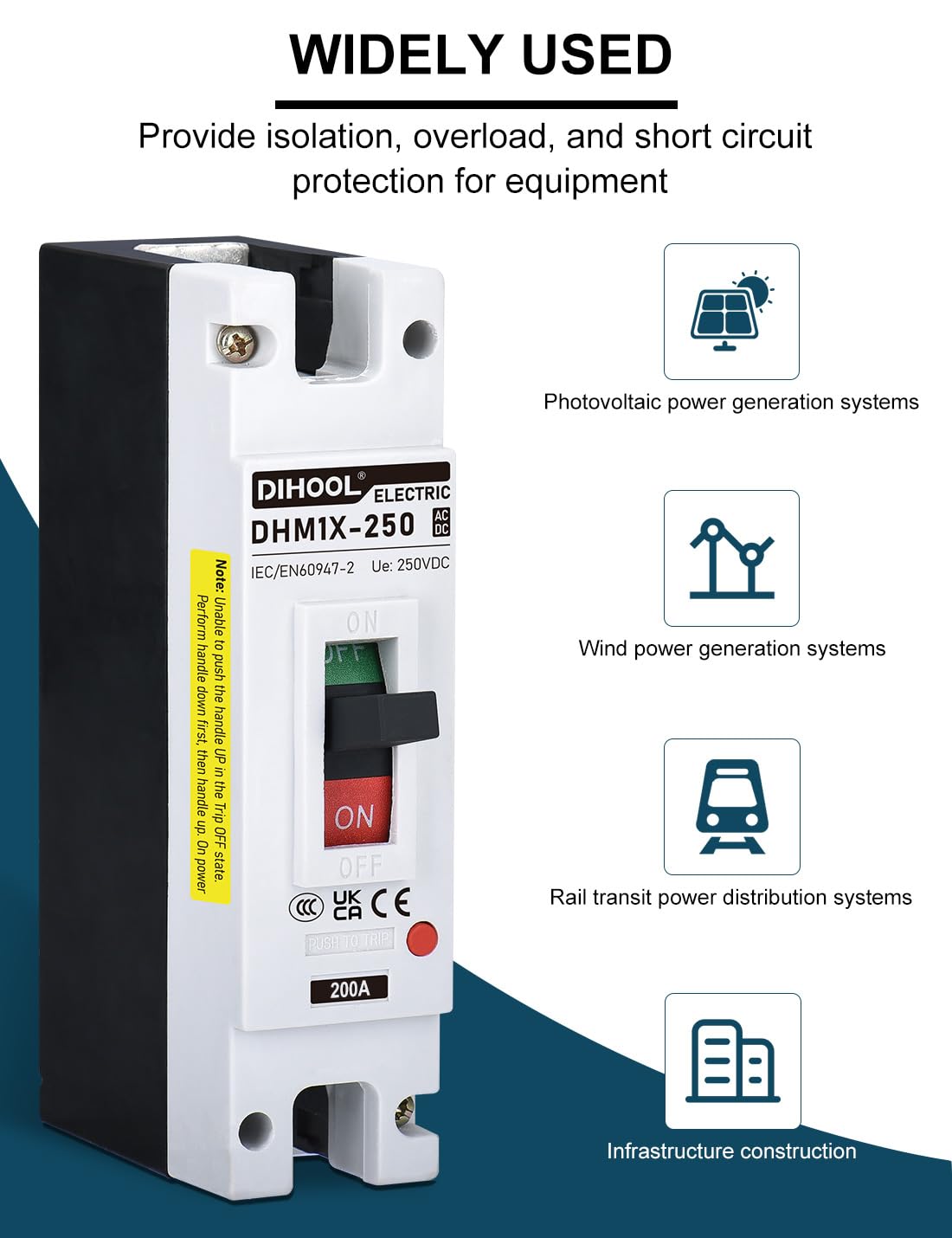 DIHOOL 200 Amp DC Breaker precise dimensions for panel fit.