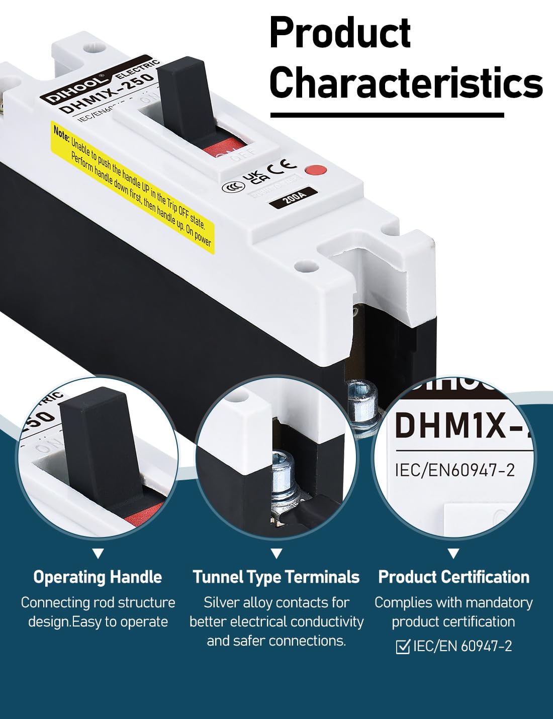 DIHOOL 200 Amp DC Breaker safetyLabels indicating protection features.