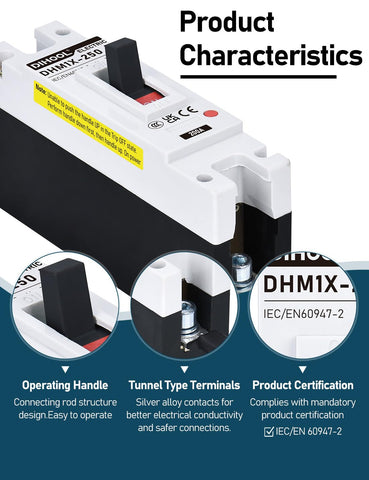 DIHOOL 200 Amp DC Breaker safetyLabels indicating protection features.
