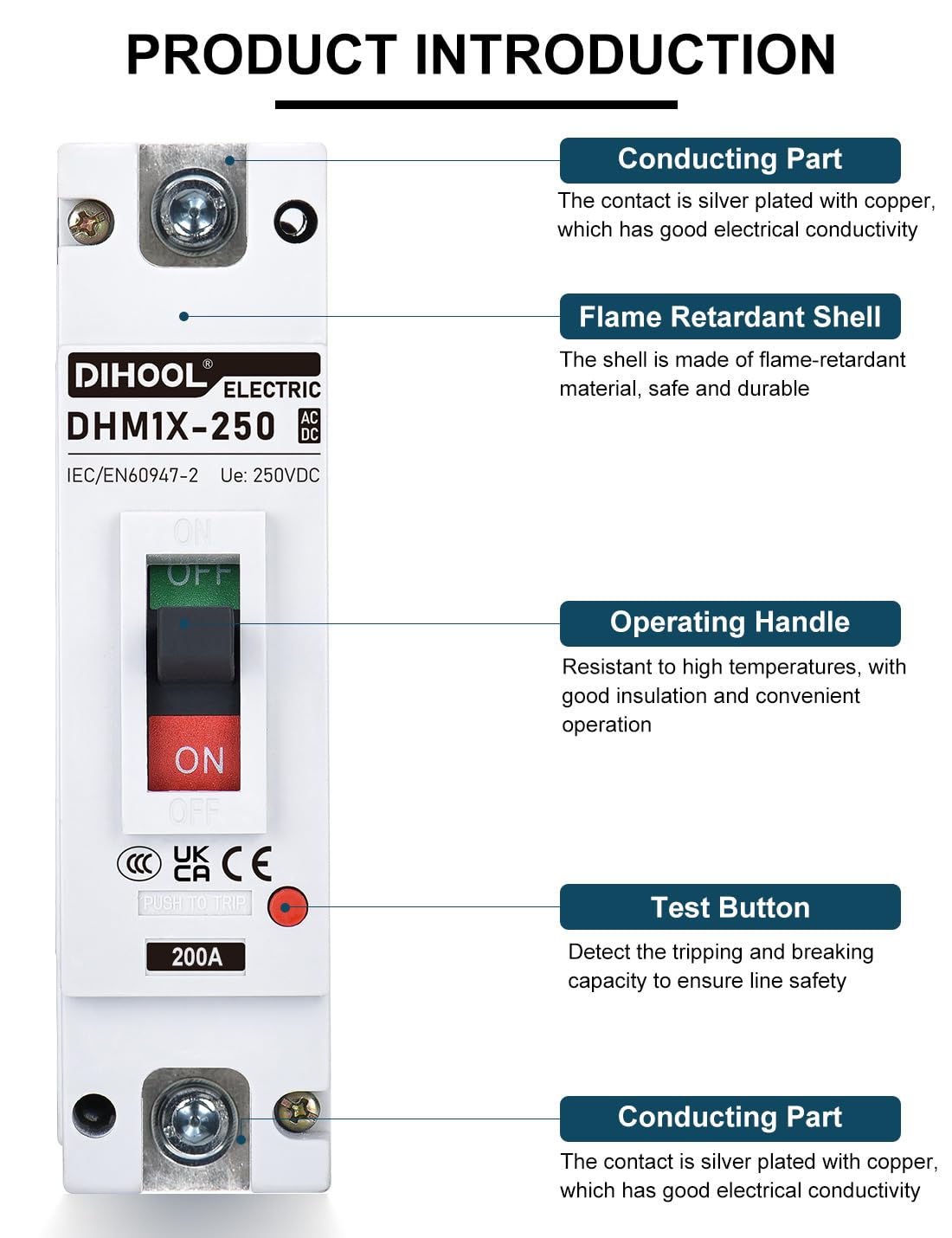 DIHOOL 200 Amp DC Breaker shows high-silver contact alloy durability.