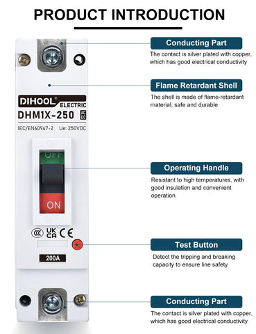 DIHOOL 200 Amp DC Breaker shows high-silver contact alloy durability.