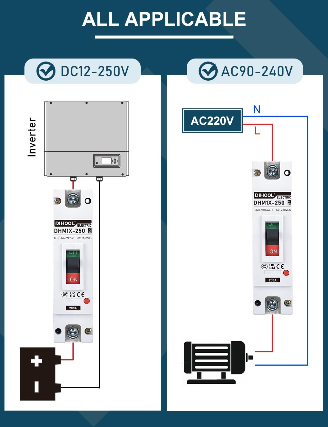 DIHOOL 200 Amp DC Breaker with thermal magnetic trip for overload safety.