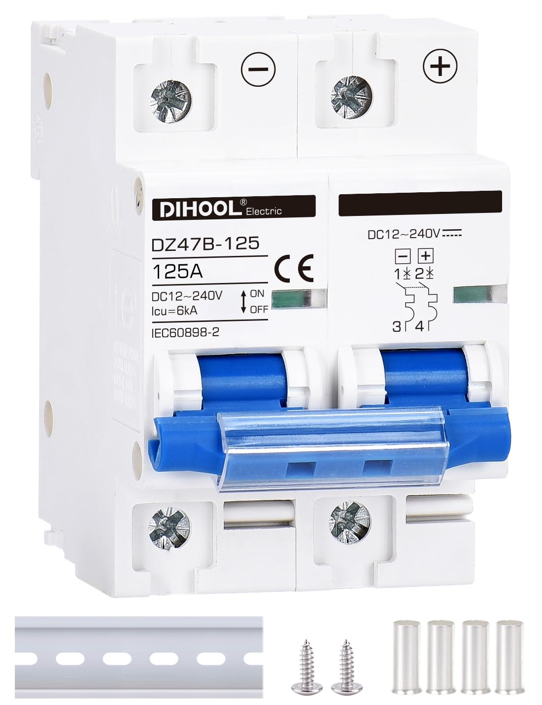 DIHOOL DC breaker front view showing compact 125A 2-pole design for solar setups
