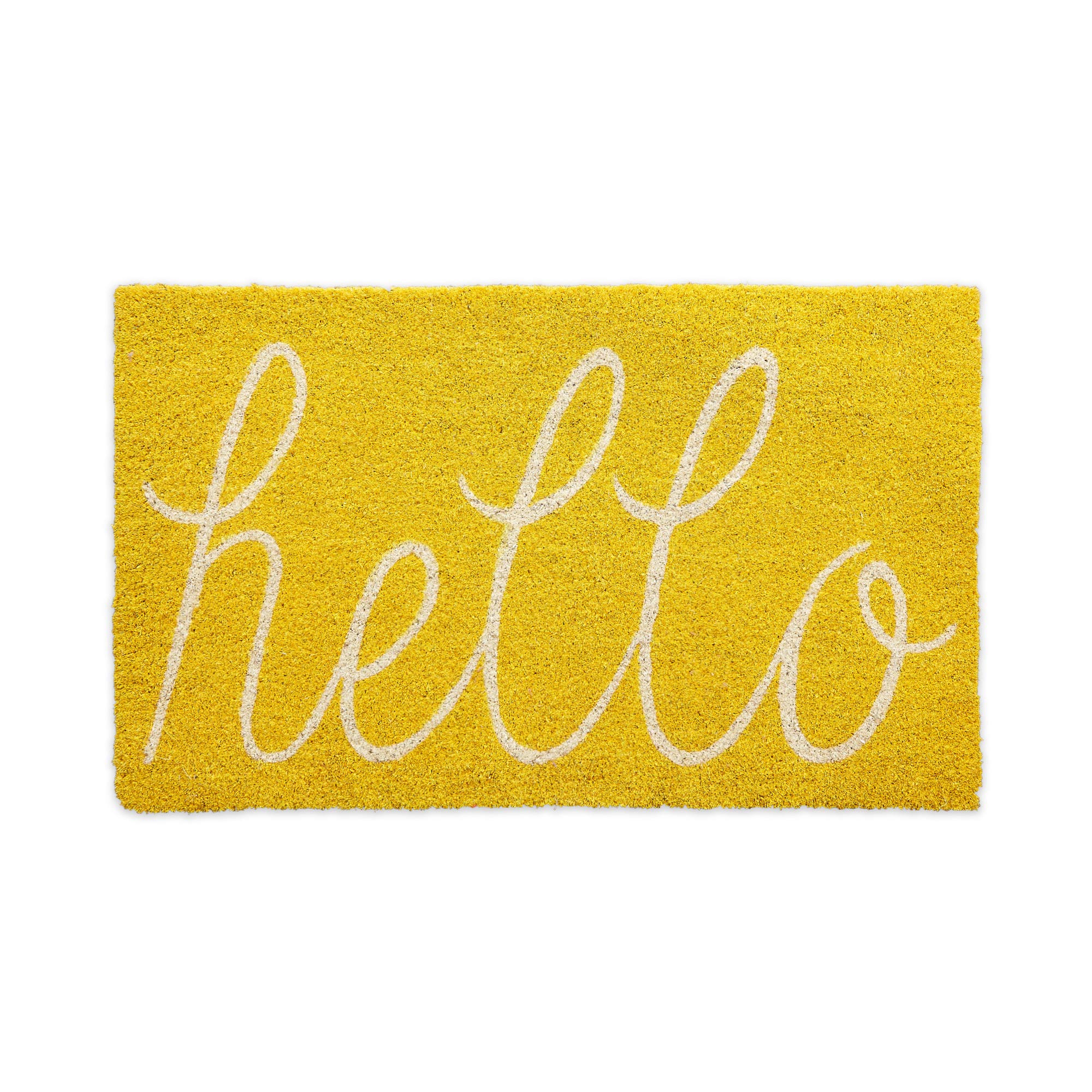 DII Hello Coir Fiber Doormat front view in yellow traps dirt at entry.