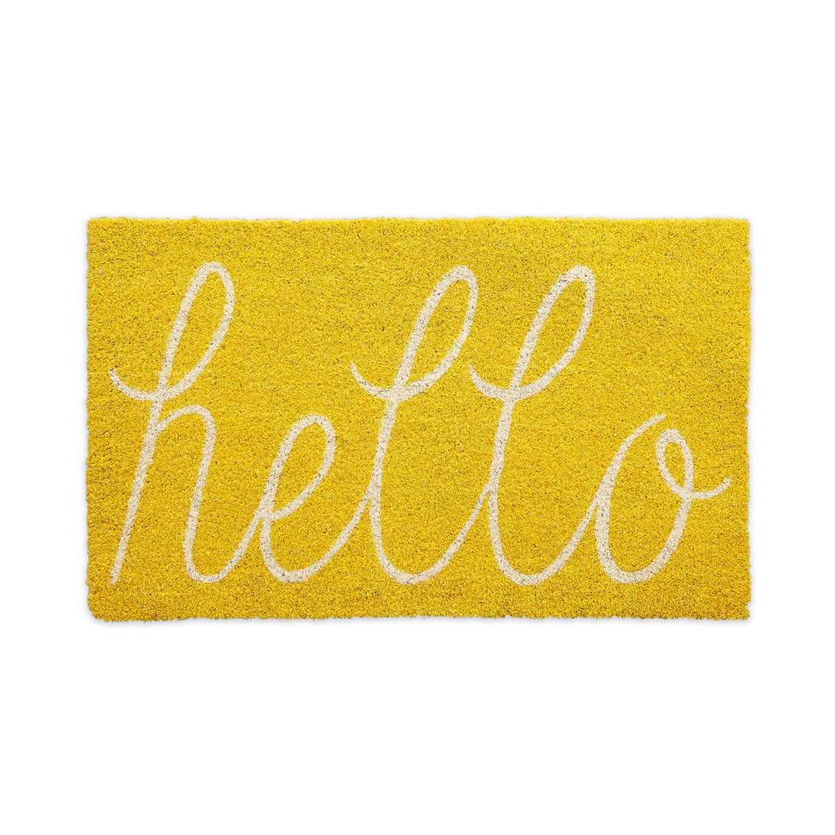 DII Hello Coir Fiber Doormat front view in yellow traps dirt at entry.