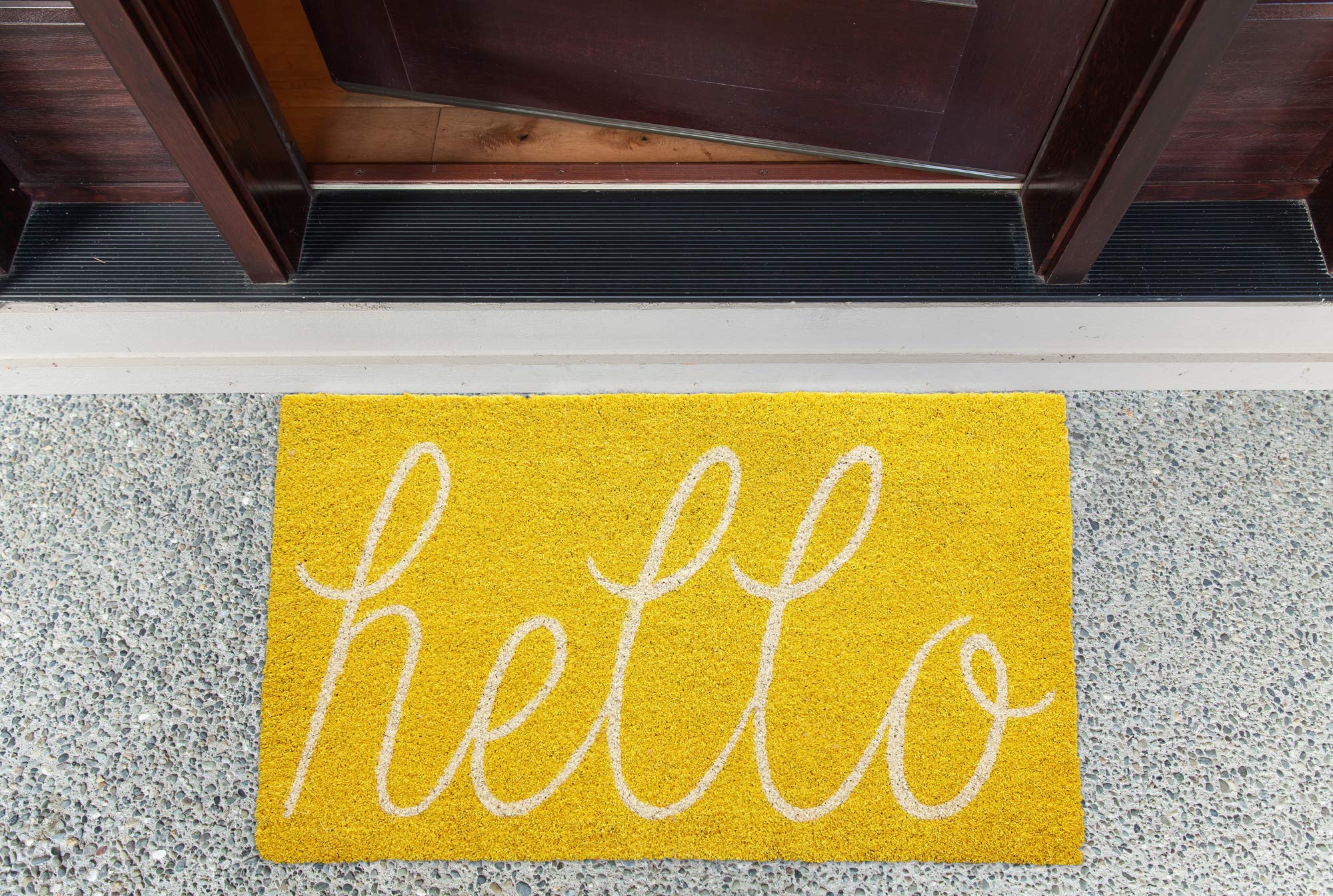 DII Hello Coir Fiber Doormat outdoor entry shows suitability for high-traffic areas.