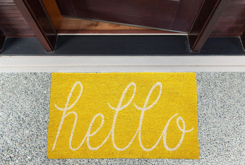 DII Hello Coir Fiber Doormat outdoor entry shows suitability for high-traffic areas.