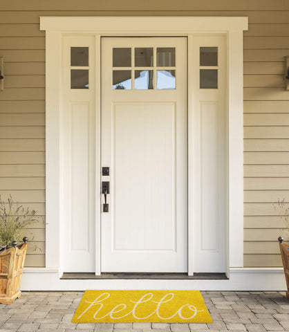 DII Hello Coir Fiber Doormat texture closeup reveals natural fiber detail and durability.