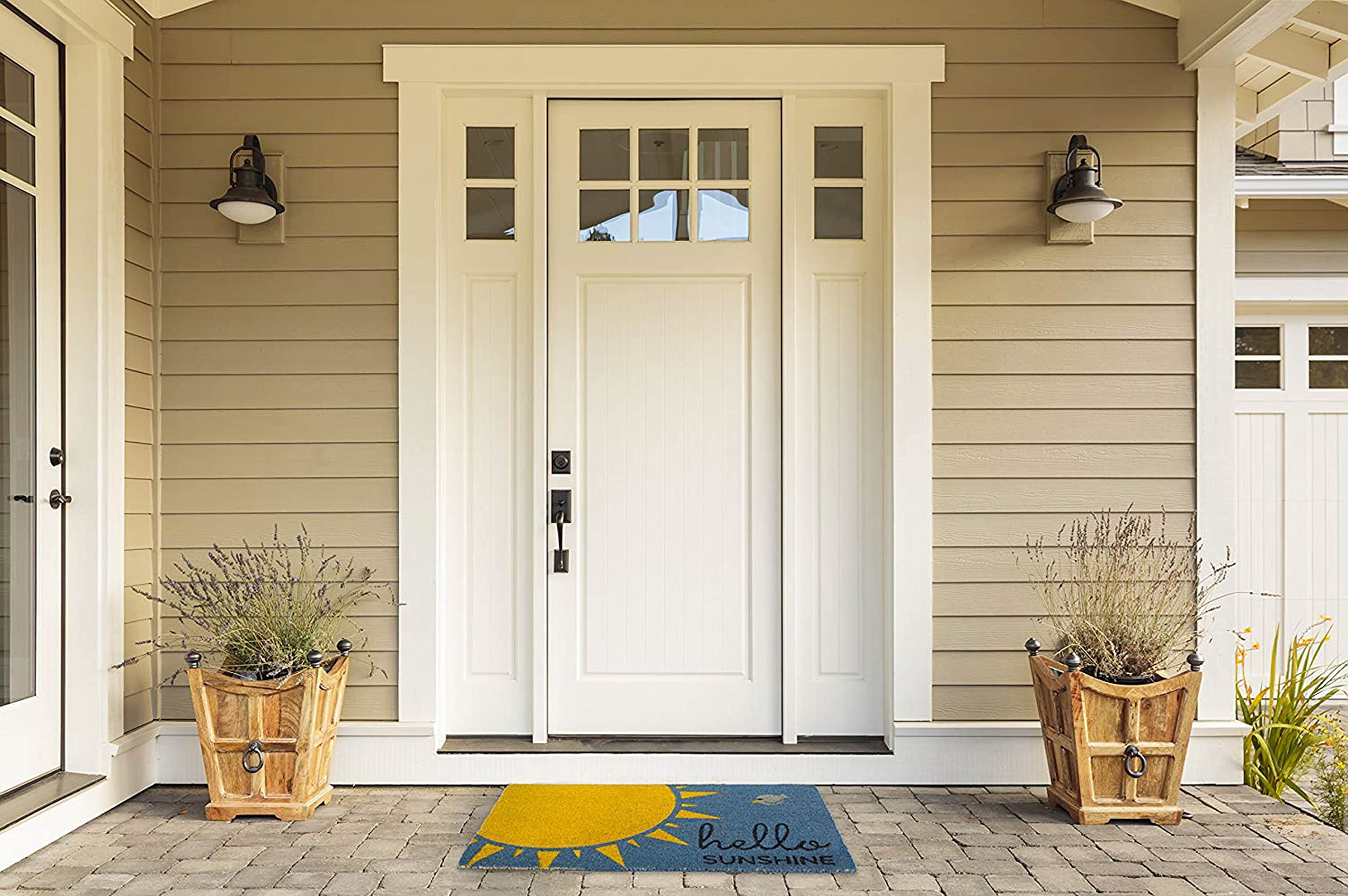 DII Hello Sunshine blue doormat highlighting durability and easy maintenance
