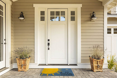 DII Hello Sunshine blue doormat highlighting durability and easy maintenance