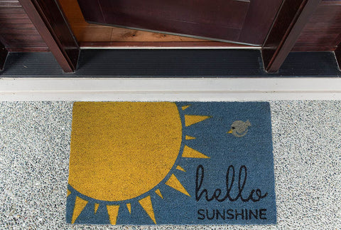 DII Hello Sunshine blue doormat at the entryway with cheerful color