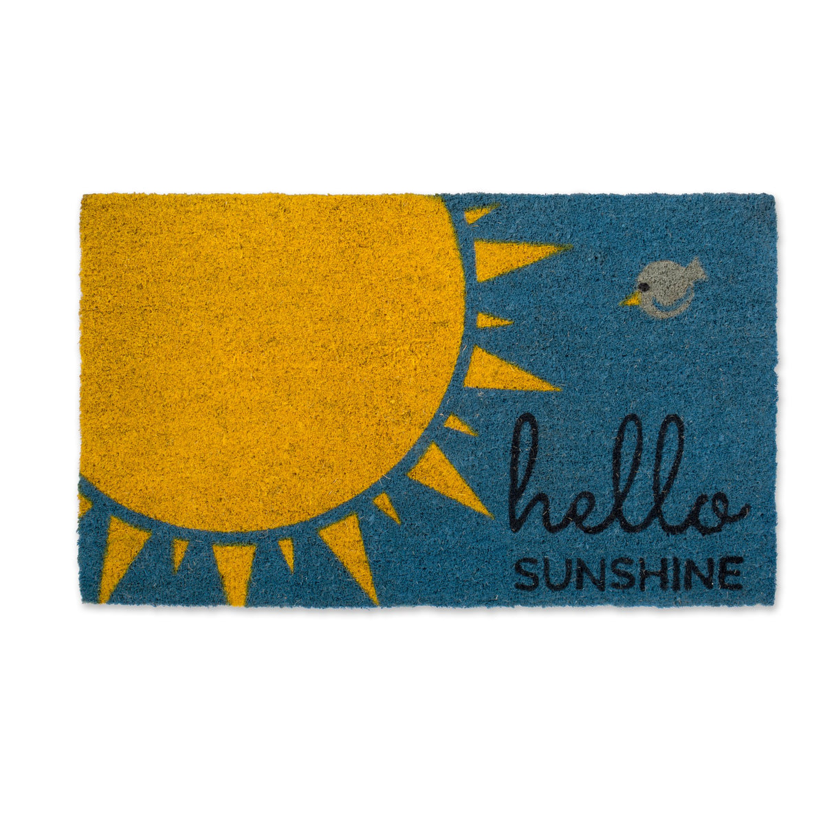 DII Hello Sunshine blue coir doormat at the front porch showing dirt-wipe capability