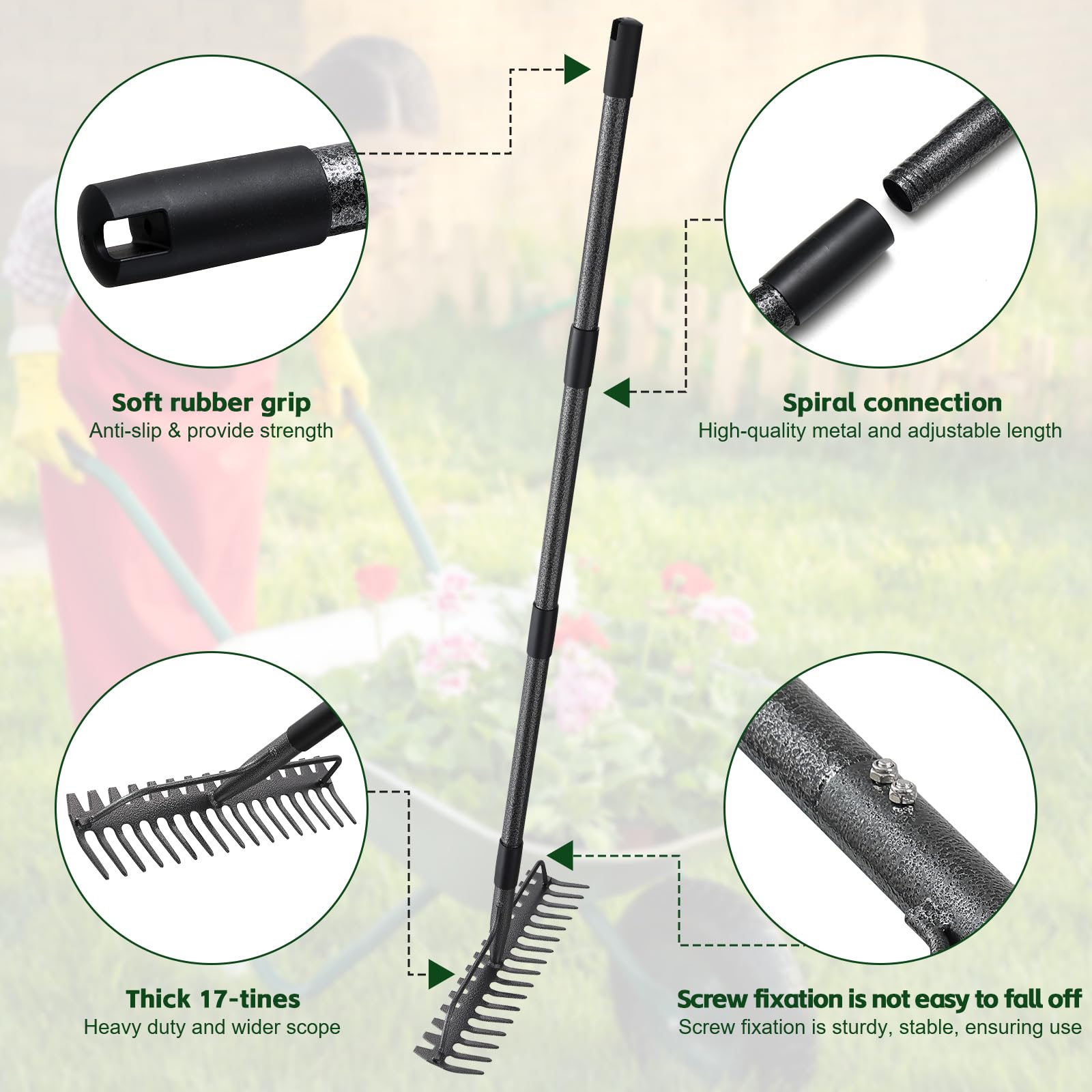 DIIG heavy-duty garden rake in use for debris and leaves