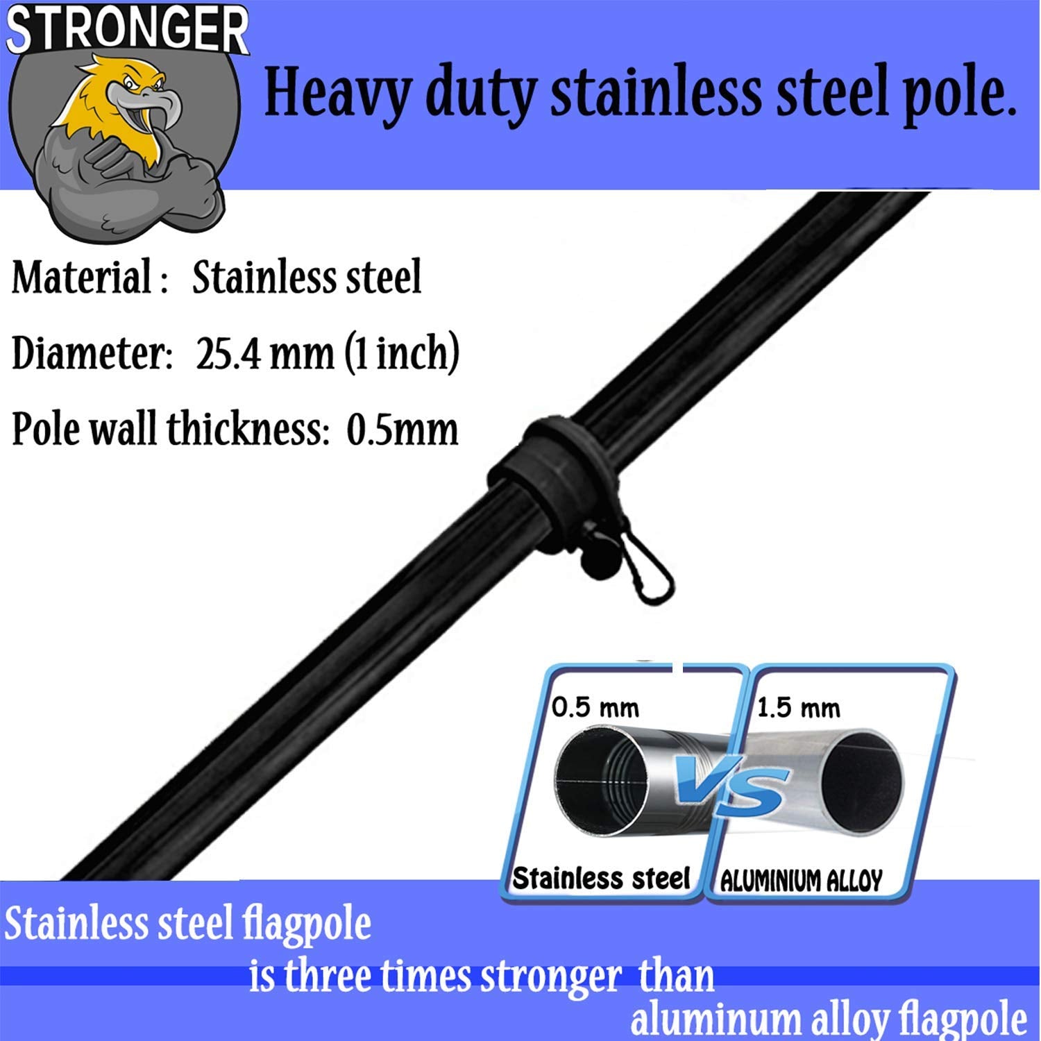 DIIG flag pole with adjustable rings, easy flag fitting