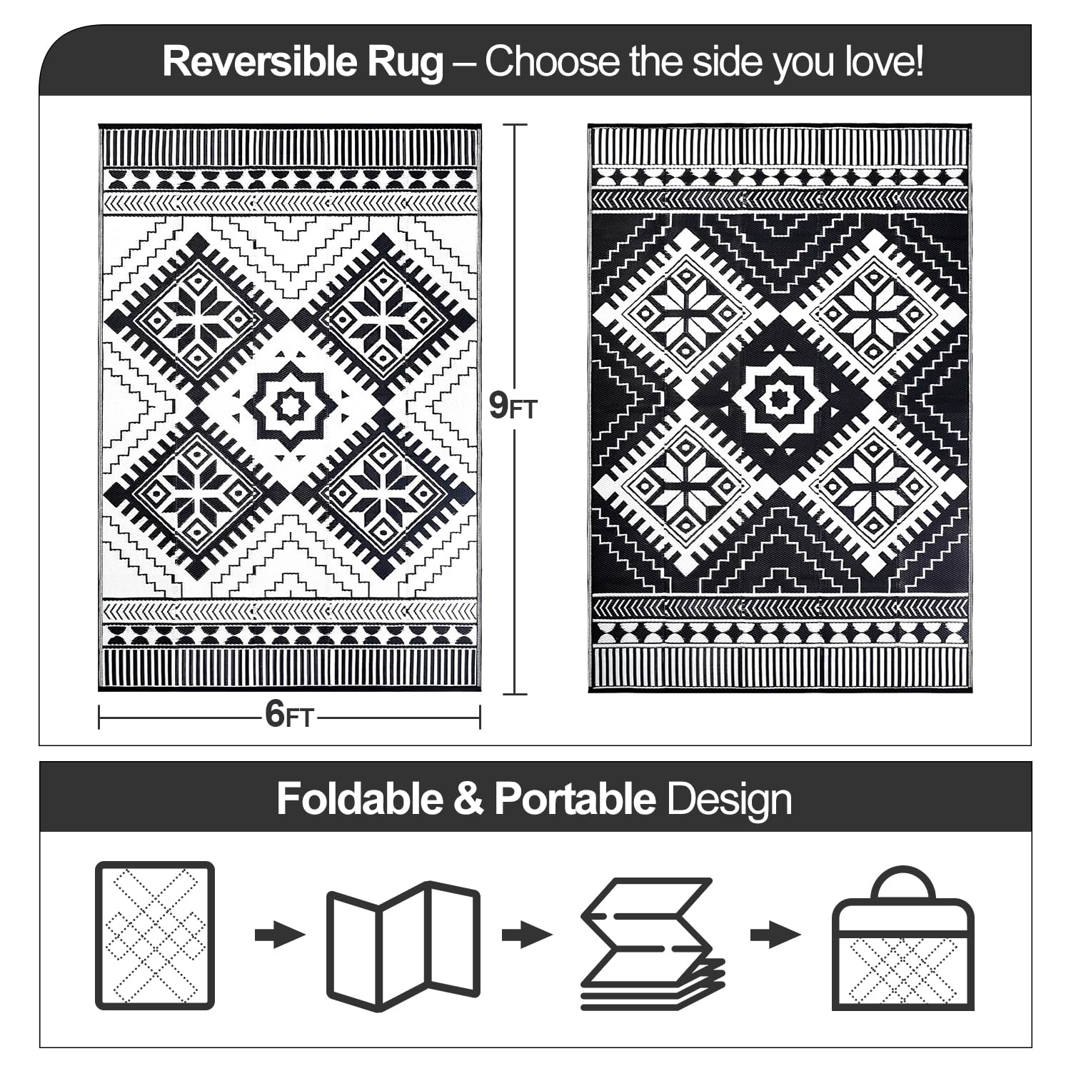 DiiKoo boho reversible rug highlights distinct patterns for patios, decks, and campsites.