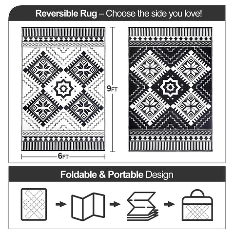 DiiKoo boho reversible rug highlights distinct patterns for patios, decks, and campsites.
