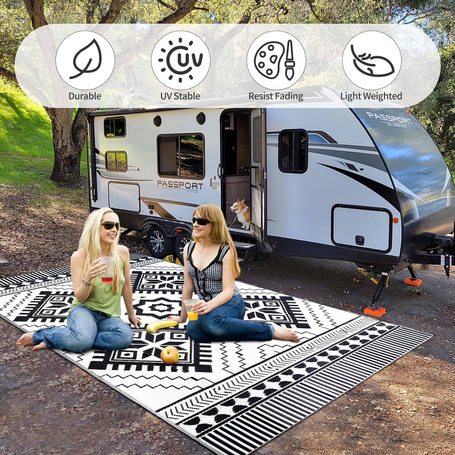 DiiKoo lightweight rug with carry bag for camping, RV trips, and beach days.