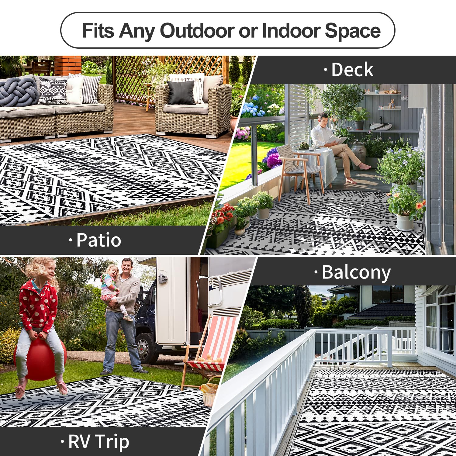 DiiKoo patio deck setup featuring boho-chic rug for outdoor lounging