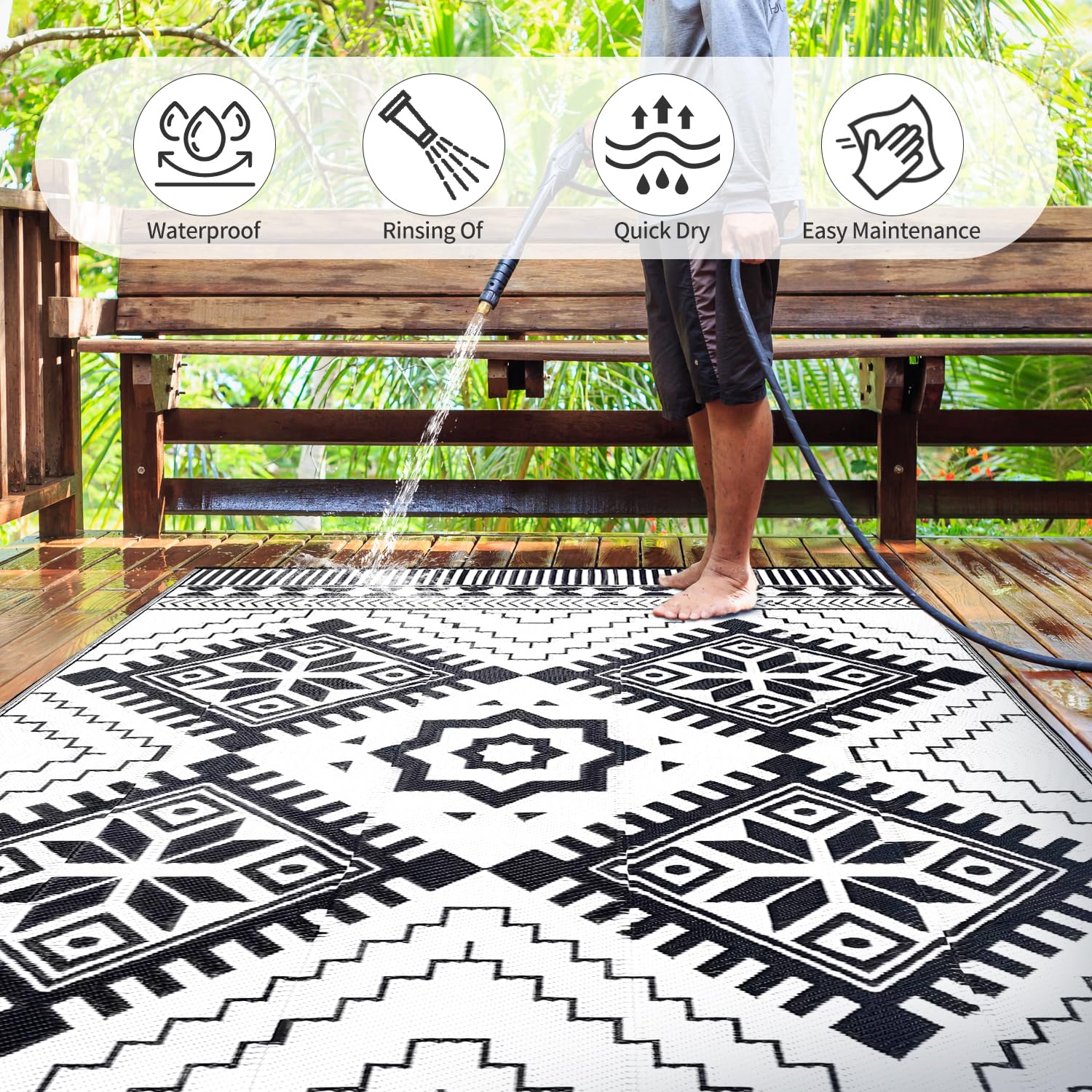 DiiKoo weatherproof polypropylene rug resists fading for long outdoor use.