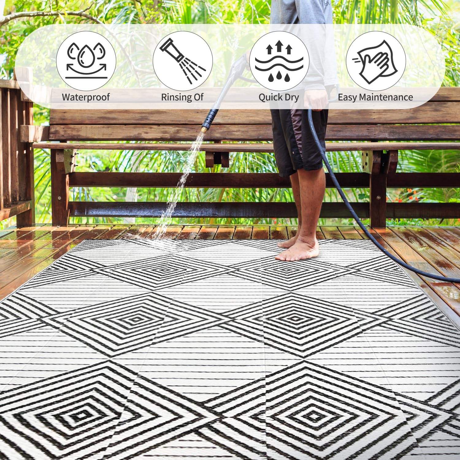 DiiKoo weatherproof rug shows UV-stabilized color and durability outdoors.