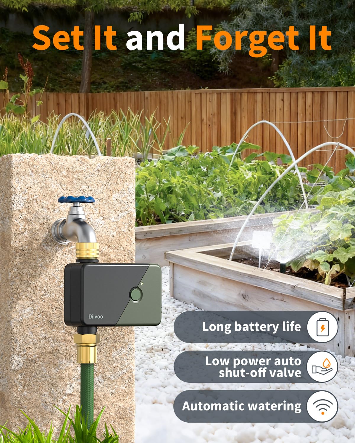 Diivoo battery-powered timer suitable for long outdoor use.