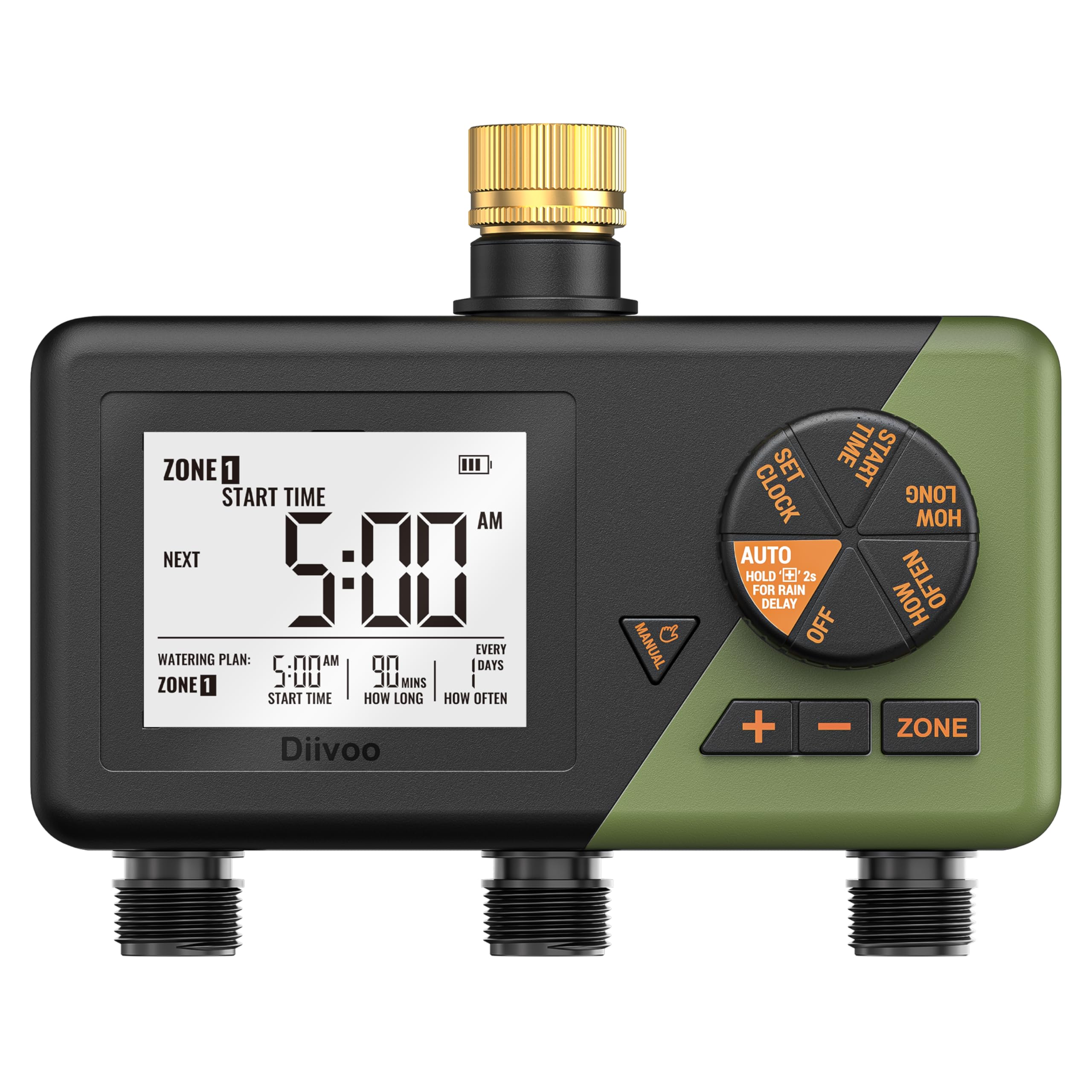 Diivoo Brass 3-Zone timer front view with clear display for easy scheduling