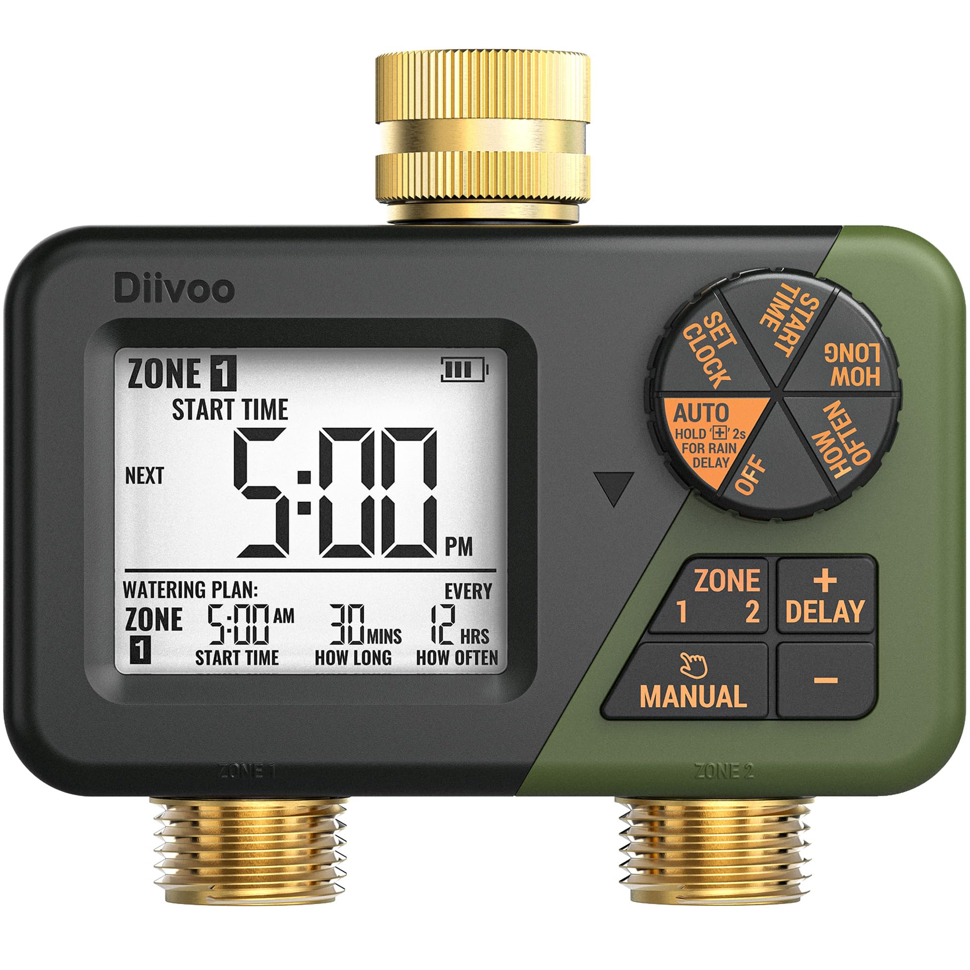 Diivoo brass sprinkler timer front display shows time and next watering at a glance.