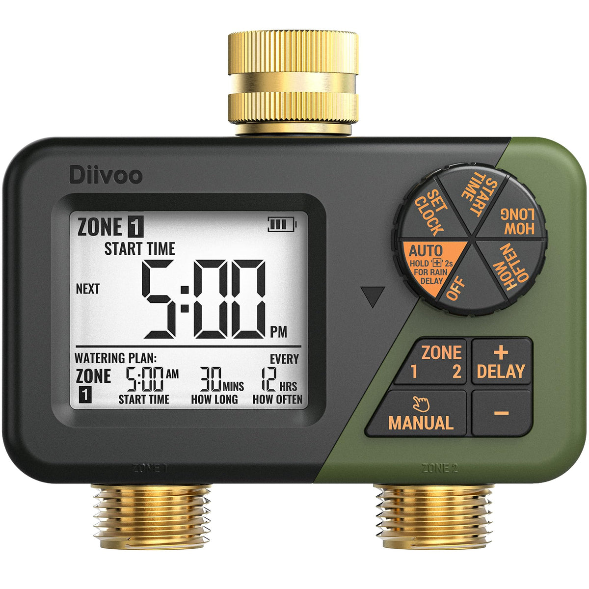 Diivoo brass sprinkler timer front display shows time and next watering at a glance.